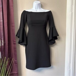 #739 Teeze Me Black bell sleeve, off the shoulder Mini dress size 1/2